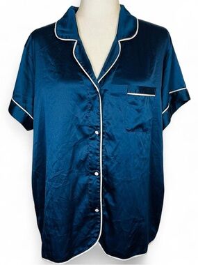 Stars Above Size XXL Button Down Pajama Top Shirt Short Sleeve Blue White Trim